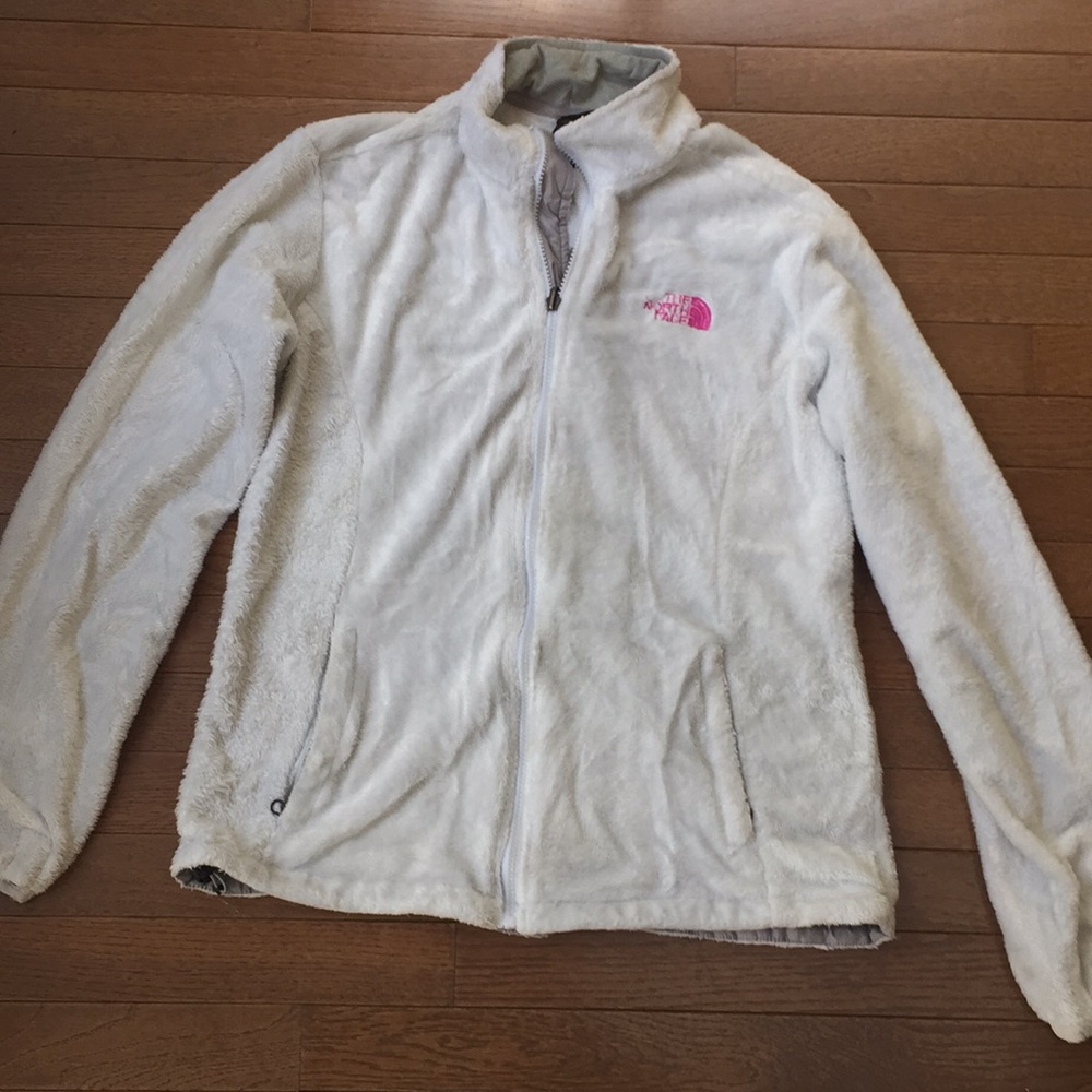 Fuzzy, white NorthFace jacket very comfortable